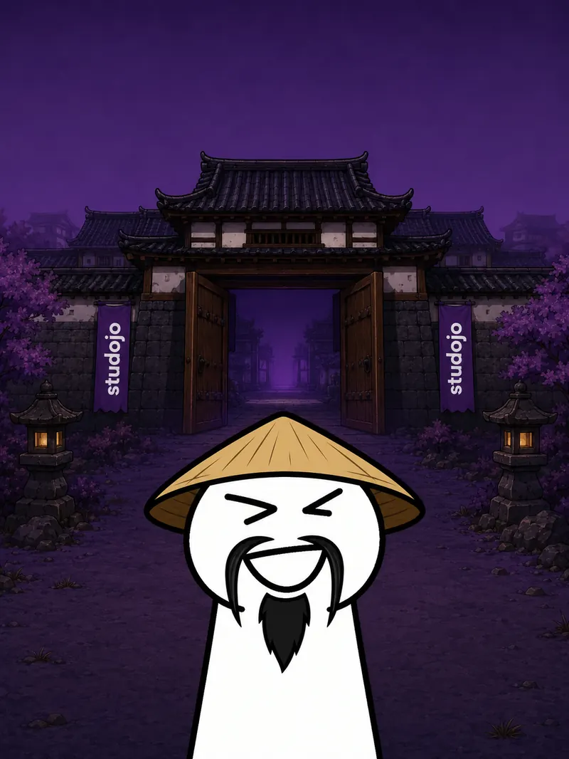 Bobie the career coach in front of the Studojo dojo gate